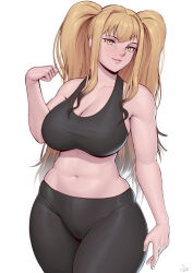Rule 34 | 1girl, absurdres, black pants, black sports bra, blonde hair, blush, breasts, brown eyes, cleavage, closed mouth, collarbone, highres, large breasts, lips, long hair, looking at viewer, navel, original, pants, simple background, smile, solo, speedl00ver, sports bra, white background, yoga pants