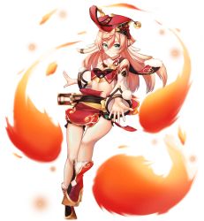Rule 34 | 1girl, absurdres, antlers, aqua eyes, boots, bow, breasts, commentary request, crop top, detached sleeves, fire, full body, genshin impact, hair bow, hat, high heel boots, high heels, highres, horns, huge filesize, long hair, long sleeves, looking at viewer, medium breasts, pink hair, red footwear, red hat, red skirt, skirt, smile, solo, sora (men0105), standing, standing on one leg, stomach, white background, yanfei (genshin impact)