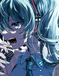 Rule 34 | 1girl, blue eyes, blue hair, blue nails, blue necktie, collared shirt, commentary, danjou sora, hair between eyes, hatsune miku, highres, holding, holding microphone, long hair, microphone, nail polish, necktie, profile, shirt, sleeveless, sleeveless shirt, solo, sweat, twintails, upper body, vocaloid, white shirt