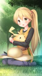 Rule 34 | 1girl, bad id, bad pixiv id, belt, blonde hair, blush, boots, commentary request, creatures (company), day, forest, game freak, gen 1 pokemon, grass, hair between eyes, hair tie, hat, unworn hat, unworn headwear, holding, holding pokemon, light beam, long hair, long sleeves, murano, nature, nintendo, open mouth, outdoors, pikachu, pokemon, pokemon (creature), pokemon adventures, ponytail, sitting, tree, yellow (pokemon), yellow eyes