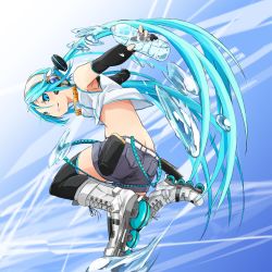 Rule 34 | 1girl, aqua eyes, aqua hair, belt, bottle, butt crack, elbow gloves, fingerless gloves, fu-ta, gloves, hatsune miku, headphones, inline skates, jumping, long hair, midriff, outstretched arms, roller skates, shorts, skates, solo, spread arms, thighhighs, twintails, very long hair, vocaloid, water, water bottle