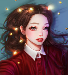 Rule 34 | 1girl, black eyes, brown hair, buttons, chromatic aberration, commentary request, eyelashes, eyeshadow, heart, highres, long hair, looking at viewer, makeup, original, portrait, red shirt, rena illusion, shirt, solo