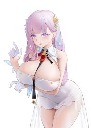 Rule 34 | 1girl, absurdres, arm under breasts, azur lane, bare arms, bare shoulders, between breasts, blush, breast hold, breasts, cleavage, clothing cutout, clover hair ornament, collared dress, cowboy shot, dress, gloves, gradient hair, hair ornament, half gloves, highres, huge breasts, index finger raised, janload1ng, leaning forward, light purple hair, long hair, looking at viewer, multicolored hair, necktie, necktie between breasts, parted lips, pink eyes, plymouth (azur lane), purple eyes, simple background, smile, solo, thighs, white background, white dress, white gloves