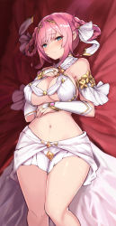 Rule 34 | 1girl, bare shoulders, bed sheet, blue eyes, braid, braided hair rings, breasts, bridal gauntlets, hair between eyes, hair ribbon, hair rings, hand up, large breasts, looking at viewer, lying, navel, no bra, official alternate costume, on back, pink hair, princess connect!, raised eyebrows, ribbon, sessue, skirt, solo, sweat, thighs, white ribbon, white skirt, wide hips, yui (ceremonial) (princess connect!), yui (princess connect!)