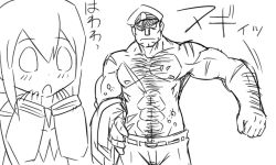 Rule 34 | 10s, 1boy, 1girl, abs, admiral (kancolle), bare pectorals, blush, chest hair, comic, greyscale, hat, inazuma (kancolle), kantai collection, manly, matsuda chiyohiko, military, military uniform, monochrome, muscular, naval uniform, pectorals, school uniform, serafuku, sketch, tonda, uniform, wide-eyed