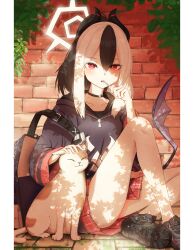 Rule 34 | 1girl, absurdres, bag, black bag, black footwear, black hoodie, blue archive, brick wall, candy, cat, choker, demon horns, demon wings, food, food in mouth, gun, h&amp;k p30, halo, hand on another&#039;s head, handgun, headpat, highres, holding, holding candy, holding food, holding lollipop, holstered, hood, hoodie, horns, hotta karasi, kayoko (blue archive), lollipop, low wings, miniskirt, mole, mole on neck, multicolored hair, plaid, plaid skirt, pleated skirt, ponytail, red eyes, red skirt, single wing, skirt, solo, two-tone hair, weapon, white hair, wings