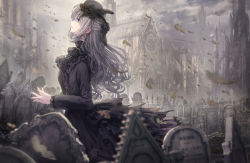 Rule 34 | 1girl, black dress, black hat, blue eyes, blurry, blurry foreground, breasts, cathedral, cloud, cloudy sky, commentary request, depth of field, dress, falling leaves, frilled dress, frills, funeral dress, graveyard, grey hair, hat, highres, lamppost, leaf, long hair, long sleeves, medium breasts, mini hat, missile228, original, outdoors, parted lips, profile, sky, solo, tilted headwear, tombstone, veil, very long hair