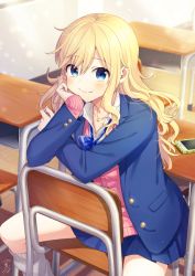 Rule 34 | 1girl, bekkourico, blazer, blonde hair, blue bow, blue bowtie, blue eyes, blue jacket, blue skirt, blush, bow, bowtie, cardigan, chair, classroom, closed mouth, desk, feet out of frame, hand on own cheek, hand on own face, idolmaster, idolmaster cinderella girls, indoors, jacket, jewelry, leg warmers, long hair, long sleeves, looking at viewer, loose bowtie, miniskirt, necklace, ohtsuki yui, on chair, pink cardigan, pleated skirt, school chair, school desk, school uniform, signature, sitting, sitting backwards, skirt, sleeves past wrists, smile, solo, spread legs, wavy hair, wing collar