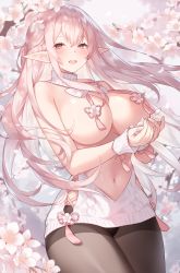 Rule 34 | 1girl, bare shoulders, black pantyhose, breasts, cherry blossoms, elf, highres, large breasts, long hair, looking at viewer, navel, open mouth, original, pantyhose, petals, pink eyes, pink hair, pointy ears, smile, solo, sora 72-iro, sweater, turtleneck, turtleneck sweater, white sweater