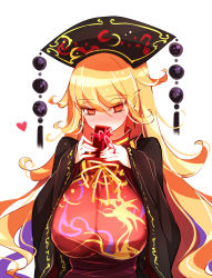 Rule 34 | 1girl, black dress, blonde hair, blush, box, breasts, commentary request, dress, hair between eyes, hands up, headdress, heart, highres, holding, holding box, junko (touhou), large breasts, long hair, long sleeves, looking at viewer, neck ribbon, no nose, nose blush, orange eyes, pointy ears, raptor7, ribbon, simple background, solo, tabard, tassel, touhou, upper body, white background, wide sleeves, yellow ribbon