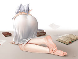 Rule 34 | 1girl, barefoot, book, easonx, feet, frieren, grey hair, highres, long hair, pointy ears, soles, sousou no frieren, strap slip, toes, twintails