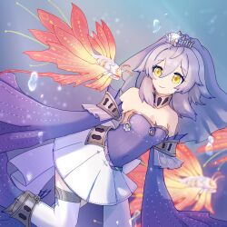 Rule 34 | 1girl, air bubble, armlet, bare shoulders, bubble, collar, covered navel, detached sleeves, duel monster, ei (tdnei666), feet out of frame, fish, grey hair, highres, medium hair, metal collar, pleated skirt, skirt, smile, tearlaments merrli, thighhighs, tiara, underwater, veil, white skirt, yellow eyes, yu-gi-oh!, zep ruby of the ghoti