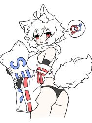 Rule 34 | 1girl, ahoge, animal ear fluff, animal ears, ass, black gloves, black panties, blush, breasts, commentary, cowboy shot, detached sleeves, fang, fingerless gloves, from behind, fumomono, gloves, highres, holding, holding pillow, interlocked mars and venus symbols, inubashiri momiji, large breasts, looking at viewer, mars symbol, panties, pillow, pom pom (clothes), red eyes, short hair, skin fang, solo, spoken mars symbol, spoken venus symbol, tail, touhou, underwear, venus symbol, white background, white hair, wide sleeves, wolf ears, wolf girl, wolf tail, yes-no pillow