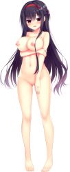 Rule 34 | 1girl, absurdres, arm grab, barefoot, black hair, blush, braid, breasts, collarbone, completely nude, embarrassed, french braid, full body, gluteal fold, hair ornament, hair ribbon, hair scrunchie, hairband, hamidashi creative, highres, kamakura shio, large breasts, long hair, navel, nipples, no pussy, nude, open mouth, red eyes, ribbon, scrunchie, solo, tongue, transparent background, utsunomiya tsumire