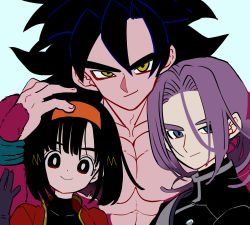 Rule 34 | 1girl, 2boys, abs, aqua wristband, black eyes, black gloves, black hair, black jacket, blue eyes, body fur, buttons, dot nose, double-breasted, dragon ball, dragon ball gt, dragon ball heroes, fingernails, gloves, grandfather and granddaughter, grin, hairband, hand on another&#039;s head, hand up, high collar, highres, jacket, kodama (marugoto omikan), light blue background, looking at viewer, low ponytail, messy hair, multiple boys, muscular, muscular male, orange hairband, pan (dragon ball), pan (xeno), parted bangs, pectorals, ponytail, purple hair, red jacket, short hair, sideways glance, simple background, smile, son goku, super saiyan, super saiyan 4, trunks (dragon ball), trunks (future) (dragon ball), trunks (future) (xeno) (dragon ball), wristband, yellow eyes
