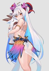 Rule 34 | 1girl, armlet, ass, back, bare shoulders, bikini, blue flower, blue hair, blue nails, breasts, closed mouth, commentary, curled horns, english commentary, fire emblem, fire emblem heroes, flower, freyja (fire emblem), goat horns, hair flower, hair ornament, holding, holding toy, horns, hug, inflatable toy, large breasts, long hair, looking at viewer, memeh, multicolored hair, nail polish, nintendo, hugging object, official alternate costume, pelvic curtain, purple flower, red eyes, red horns, see-through, sideboob, signature, simple background, solo, stuffed animal, stuffed toy, sweater, swimsuit, symbol-only commentary, thorns, toy, twitter username, two-tone hair, very long hair, white bikini, white flower, white hair, white sweater