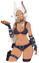Rule 34 | 1girl, ?, animal ears, belt, belt pouch, bikini, black bikini, black collar, black gloves, blush, boku no hero academia, breasts, carrot, cleavage, collar, collarbone, contrapposto, cropped legs, dark-skinned female, dark skin, female focus, fingerless gloves, flowers-imh, gloves, gun, handgun, highres, holding, holding carrot, holster, large breasts, long eyelashes, long hair, looking up, mirko, navel, o-ring, parted bangs, parted lips, pouch, rabbit ears, rabbit girl, red eyes, skindentation, solo, stomach, swimsuit, thigh belt, thigh holster, thigh strap, thighs, toned, underboob, very long hair, weapon, white background, white hair
