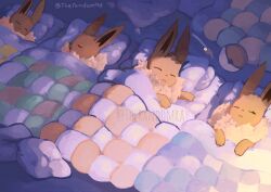 animal_focus closed_eyes commentary creatures_(company) eevee game_freak gen_1_pokemon lying nintendo no_humans on_back one_eye_closed open_mouth poke_ball_print pokemon pokemon_(creature) sleeping therandomray under_covers watermark