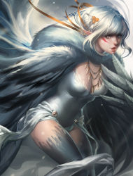 Rule 34 | 1girl, bad id, bad pixiv id, blue eyes, breasts, cleavage, fangs, feathers, hair ornament, harpy, jewelry, large breasts, monster girl, necklace, open mouth, original, sakimichan, solo, thighs, watermark, white hair, winged arms, wings