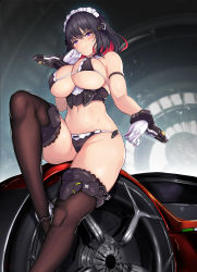 Rule 34 | 1girl, :3, arm strap, bare shoulders, bikini, black bikini, black hair, breasts, brown thighhighs, cleavage, colored inner hair, detached collar, gloves, hand up, headdress, highres, javelin (nidy), knee up, large breasts, looking at viewer, maid, maid bikini, maid headdress, multicolored hair, navel, nidy, original, pulling own clothes, purple eyes, revealing clothes, short hair, sitting, skindentation, smile, smug, solo, stomach, strap pull, string bikini, swimsuit, thighhighs, thighs, unconventional maid, underbust, white gloves