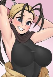 Rule 34 | 1girl, absurdres, armpits, arms behind head, arms up, bad id, bad twitter id, black eyes, black hair, breasts, capcom, grin, highres, ibuki (street fighter), large breasts, long hair, looking at viewer, ponytail, skin tight, smile, solo, street fighter, tagme, upper body