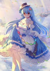 Rule 34 | 1girl, absurdres, adapted costume, black hat, blue hair, blue skirt, blush, breasts, cleavage, closed mouth, dated, elbow gloves, feet out of frame, food-themed hair ornament, frilled skirt, frills, gloves, hair between eyes, hair ornament, hat, highres, hinanawi tenshi, long hair, mechrailgun, medium breasts, rainbow order, red eyes, signature, skirt, solo, top hat, touhou, white gloves