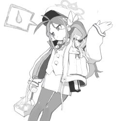 Rule 34 | 1girl, antenna hair, armband, bag, blue archive, bow, buttons, collared shirt, feet out of frame, frown, fubuki (blue archive), greyscale, gundam (vxrwvww), hair bow, hair ornament, halo, hand up, hat, head tilt, heart, heart hair ornament, highres, holding, holding bag, jacket, long hair, looking to the side, monochrome, multicolored hair, necktie, open clothes, open jacket, pantyhose, pastry box, peaked cap, pencil skirt, police, police uniform, raised eyebrows, shirt, shrugging, sidelocks, skirt, sleeves past wrists, solo, spoken sweatdrop, streaked hair, sweatdrop, twintails, uniform, vest, walkie-talkie