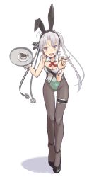 Rule 34 | 1girl, :d, adapted costume, ahoge, akitsushima (kancolle), animal ears, black footwear, black pantyhose, breasts, bridal garter, cleavage, coffee, coffee cup, cup, dated, detached collar, disposable cup, fake animal ears, green leotard, grey hair, holding, holding tray, kantai collection, kawashina (momen silicon), leotard, long hair, open mouth, pantyhose, parted bangs, playboy bunny, rabbit ears, saucer, shoes, side ponytail, simple background, small breasts, smile, solo, strapless, strapless leotard, thigh gap, tray, white background, wrist cuffs