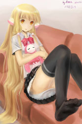Rule 34 | 00s, 10s, 1girl, 2013, artist name, black thighhighs, blonde hair, bow, bowtie, brown eyes, chii, chobits, couch, dated, feet, highres, holding, long hair, no shoes, robot ears, school uniform, short sleeves, sitting, skirt, smile, stuffed toy, thighhighs, very long hair, zzz (chomic)