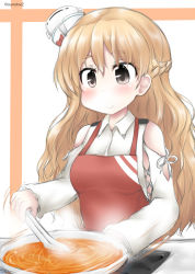 Rule 34 | 1girl, alternate costume, apron, bad id, bad twitter id, bare shoulders, blonde hair, braid, brown eyes, commentary request, cooking, french braid, hat, kantai collection, long hair, mini hat, ouno (nounai disintegration), pot, red apron, shirt, smile, solo, stirring, tilted headwear, upper body, wavy hair, white hat, white shirt, zara (kancolle)
