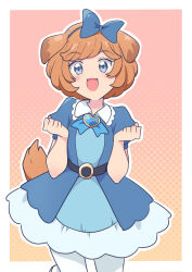 Rule 34 | 1girl, :d, animal ears, blue bow, blue dress, blue eyes, blue ribbon, bow, cbgb, clenched hands, collared dress, commentary, cowboy shot, delicious party precure, dog ears, dog girl, dog tail, dress, hair bow, hair ribbon, heart, looking at viewer, neck ribbon, open mouth, outline, pam-pam (precure), pam-pam (precure) (human), pantyhose, precure, ribbon, short dress, short hair, short sleeves, smile, solo, standing, symbol-only commentary, tail, white outline, white pantyhose