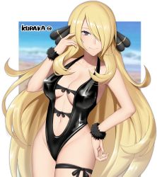 Rule 34 | 1girl, absurdres, artist name, bad id, bad pixiv id, bare hips, black eyes, black one-piece swimsuit, black ribbon, blonde hair, blurry, blurry background, blush, breasts, casual one-piece swimsuit, center opening, cleavage, closed mouth, collarbone, commentary request, cowboy shot, creatures (company), cynthia (pokemon), depth of field, game freak, groin, hair ornament, hair over one eye, hand on own hip, highleg, highleg swimsuit, highres, kuraka, large breasts, latex, leg ribbon, long hair, looking at viewer, navel, nintendo, one-piece swimsuit, outside border, pokemon, pokemon dppt, ribbon, smile, solo, swimsuit, thigh ribbon, very long hair, wrist cuffs