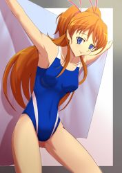Rule 34 | 10s, 1girl, armpits, arms up, blue eyes, competition swimsuit, highres, houjou hibiki, long hair, making-of available, one-piece swimsuit, orange hair, precure, solo, suite precure, swimsuit, towel, twintails, wss (curewss)