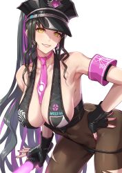 Rule 34 | 1girl, absurdres, bare shoulders, bikini, black bikini, black gloves, black hair, black hat, black pantyhose, blush, breasts, butt crack, cleavage, covered navel, earrings, facial mark, fate/grand order, fate (series), fingerless gloves, forehead mark, gloves, grin, halterneck, hat, highres, jewelry, large breasts, long hair, looking at viewer, multicolored hair, necktie, pantyhose, parted bangs, pink hair, pink necktie, police hat, ponytail, sessyoin kiara, sessyoin kiara (swimsuit mooncancer), sessyoin kiara (swimsuit mooncancer) (second ascension), shouhei, sideboob, smile, solo, streaked hair, swimsuit, thighs, traffic baton, very long hair, yellow eyes