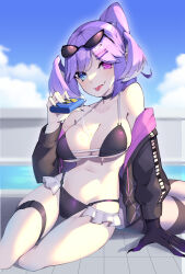 Rule 34 | 1girl, absurdres, applying sunscreen, asymmetrical arms, bikini, black sweater, blue eyes, breasts, cleavage, dragon girl, dragon tail, eyewear on head, fang, goat king, hair ornament, hairclip, head wings, heterochromia, highres, large breasts, looking at viewer, medium hair, nijisanji, nijisanji en, open clothes, outdoors, pointy ears, ponytail, poolside, purple eyes, purple hair, selen tatsuki, selen tatsuki (1st costume), skin fang, solo, sunglasses, sweater, swimsuit, tail, tongue, tongue out, virtual youtuber, wings
