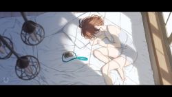 Rule 34 | 1girl, bare legs, barefoot, bed, blanket, blush, breasts, brown hair, camera, ceiling light, cleavage, commentary, digital camera, closed eyes, from above, highres, indoors, letterboxed, lying, medium breasts, nemoto yuuma, no bra, on side, original, pillow, shade, short hair, sleeping, solo, sunlight, tank top, white tank top, window, wooden floor