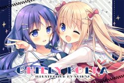 Rule 34 | 2girls, ;d, black bow, blonde hair, blue dress, bow, breasts, collarbone, dress, hair bow, hair ornament, hairclip, hug, long hair, looking at viewer, low twintails, medium breasts, multiple girls, one eye closed, open mouth, original, purple eyes, purple hair, red bow, sailor collar, sidelocks, smile, striped, striped bow, suimya, twintails, upper body, v, white bow, white dress
