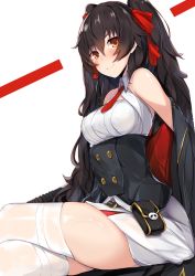 Rule 34 | 1girl, absurdres, black hair, black jacket, blush, breasts, brown eyes, brown hair, buttons, cleavage cutout, closed mouth, clothing cutout, collared shirt, corset, crossed legs, double-breasted, girls&#039; frontline, gloves, hair between eyes, hair ribbon, highres, jacket, long hair, looking at viewer, medium breasts, nanakaku, necktie, off shoulder, pleated skirt, red necktie, red ribbon, ribbon, shirt, sidelocks, simple background, sitting, skirt, sleeveless, sleeveless shirt, smile, solo, thighhighs, twintails, type 97 (girls&#039; frontline), underbust, very long hair, white background, white shirt, white thighhighs
