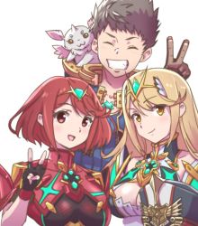 Rule 34 | 1boy, 2girls, blonde hair, blush, breasts, brown eyes, brown hair, chest jewel, dress, dual persona, earrings, elbow gloves, fingerless gloves, gloves, grin, headpiece, jewelry, large breasts, long hair, matching hair/eyes, multiple girls, mythra (xenoblade), nintendo, pantyhose, pyra (xenoblade), red eyes, red hair, red shorts, rex (xenoblade), short hair, short shorts, shorts, smile, super smash bros., swept bangs, v, xenoblade chronicles (series), xenoblade chronicles 2, yazwo, yellow eyes