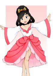 Rule 34 | 1girl, absurdres, armpits, bare shoulders, barefoot, black choker, black eyes, black hair, border, bow, child, choker, collarbone, cosplay, creatures (company), dress, dress bow, eyelashes, facing viewer, feet, female focus, flat chest, game freak, hair bun, happy, highres, iris (pokemon), iris (pokemon) (cosplay), leaning to the side, legs, legs together, long hair, long sleeves, looking at viewer, matching hair/eyes, neck, nintendo, no bra, off-shoulder dress, off shoulder, oozutsu cannon, open mouth, original, outstretched arms, pink background, pink dress, pokemon, pokemon bw2, sidelocks, spread arms, standing, swept bangs, thighs, tiara, tiptoes, two-tone background, two-tone dress, white border, wide sleeves