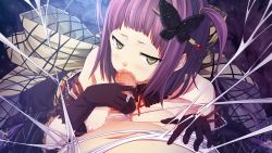 Rule 34 | 1girl, bare shoulders, blush, breast press, breasts, breasts out, censored, choker, cura, fellatio, flat (company), game cg, gloves, hair ornament, highres, japanese clothes, large breasts, looking at viewer, lying, monobeno, mosaic censoring, nipples, obi, open clothes, oral, penis, pov, purple hair, sash, short hair, silk, solo focus, spider web, takijorou, twintails, yellow eyes