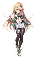 Rule 34 | 1girl, bare shoulders, blonde hair, breasts, chest jewel, cleavage, cleavage cutout, clothing cutout, dress, drop earrings, earrings, full body, gem, gloves, headpiece, highres, jewelry, large breasts, long hair, looking at viewer, matrix16, microdress, mythra (xenoblade), smile, solo, swept bangs, thighs, tiara, very long hair, xenoblade chronicles (series), xenoblade chronicles 2, yellow eyes
