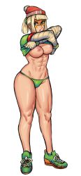 Rule 34 | 1girl, absurdres, arms (game), breasts, breasts out, chinese, clothes lift, green panties, hat, highres, lum art, mask, medium breasts, min min (arms), muscular, muscular female, nipples, orange mask, panties, ponytail, shirt lift, shoes, underwear, white background
