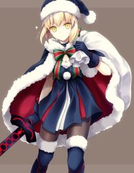 Rule 34 | 1girl, artoria pendragon (all), artoria pendragon (fate), bag, black pantyhose, blonde hair, blue dress, blue footwear, blue gloves, blue hat, blue santa costume, boots, bow, bowtie, breasts, brown background, cape, cleavage, dress, excalibur morgan (fate), fate/grand order, fate (series), gift bag, gloves, hat, holding, holding bag, holding sword, holding weapon, kubyou azami, looking at viewer, medium breasts, pantyhose, saber (fate), saber alter, santa alter, santa boots, santa costume, santa hat, short hair with long locks, sidelocks, solo, standing, striped bow, striped bowtie, striped clothes, striped neckwear, sword, thigh boots, thighhighs, weapon, yellow eyes