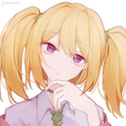 Rule 34 | 1girl, :o, black choker, blonde hair, chloe (princess connect!), choker, ea08zheci, green necktie, hand on own chin, head tilt, highres, lapels, looking at viewer, necktie, portrait, princess connect!, purple eyes, school uniform, simple background, solo, twintails, white background