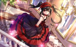 Rule 34 | 1girl, arm warmers, black hair, chandelier, choker, clock eyes, date a live, dress, frilled dress, frills, glint, headdress, heterochromia, highres, indoors, long dress, long hair, looking at viewer, looking to the side, red dress, red eyes, roman numeral, sidelocks, sleeveless, sleeveless dress, smile, solo, spaghetti strap, symbol-shaped pupils, tokisaki kurumi, twintails, yellow eyes, yue xiao e