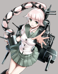 Rule 34 | 10s, 1girl, bad id, bad pixiv id, blonde hair, cannon, green eyes, grey background, hair ribbon, kantai collection, long hair, looking at viewer, machinery, personification, pleated skirt, ribbon, school uniform, shirt, short sleeves, simple background, skirt, smile, solo, takemori shintarou, very long hair, yura (kancolle)