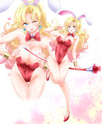 Rule 34 | 1girl, animal ears, ayumu, ayumu (ayumumkrg), bare legs, blonde hair, bow, bowtie, breasts, cleavage, commentary request, cowboy shot, detached collar, dragon quest, dragon quest iii, earrings, fake animal ears, full body, green eyes, high heels, highleg, highleg leotard, highres, jester (dq3), jewelry, large breasts, leaning forward, leotard, long hair, looking at viewer, pantyhose, playboy bunny, rabbit ears, rabbit tail, red bow, red bowtie, red footwear, red leotard, solo, sparkle background, staff, strapless, strapless leotard, tail, tongue, tongue out, wrist cuffs