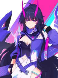 Rule 34 | 1girl, ahoge, black gloves, closed mouth, gloves, highres, honkai (series), honkai impact 3rd, horns, jacket, long hair, long sleeves, looking at viewer, open clothes, open jacket, partially fingerless gloves, purple eyes, purple hair, purple jacket, purple scarf, raiden mei, raiden mei (herrscher of thunder), scarf, smile, upper body, weeiskaw