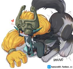Rule 34 | 1boy, 1girl, artist name, ass, black skin, blonde hair, blush, breasts, colored sclera, colored skin, furry, furry female, grey skin, grin, hanuvo, heart, helmet, highres, link, long pointy ears, looking back, midna, nintendo, nipples, one eye covered, pixiv logo, pointy ears, prehensile hair, red eyes, sharp teeth, sitting, sitting on face, sitting on person, small breasts, smile, teeth, the legend of zelda, the legend of zelda: twilight princess, watermark, web address, wolf, wolf link, yellow sclera